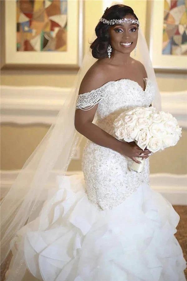 Long Mermaid Off The Shoulder Appliques Lace Wedding Dress by BIZTUNNEL