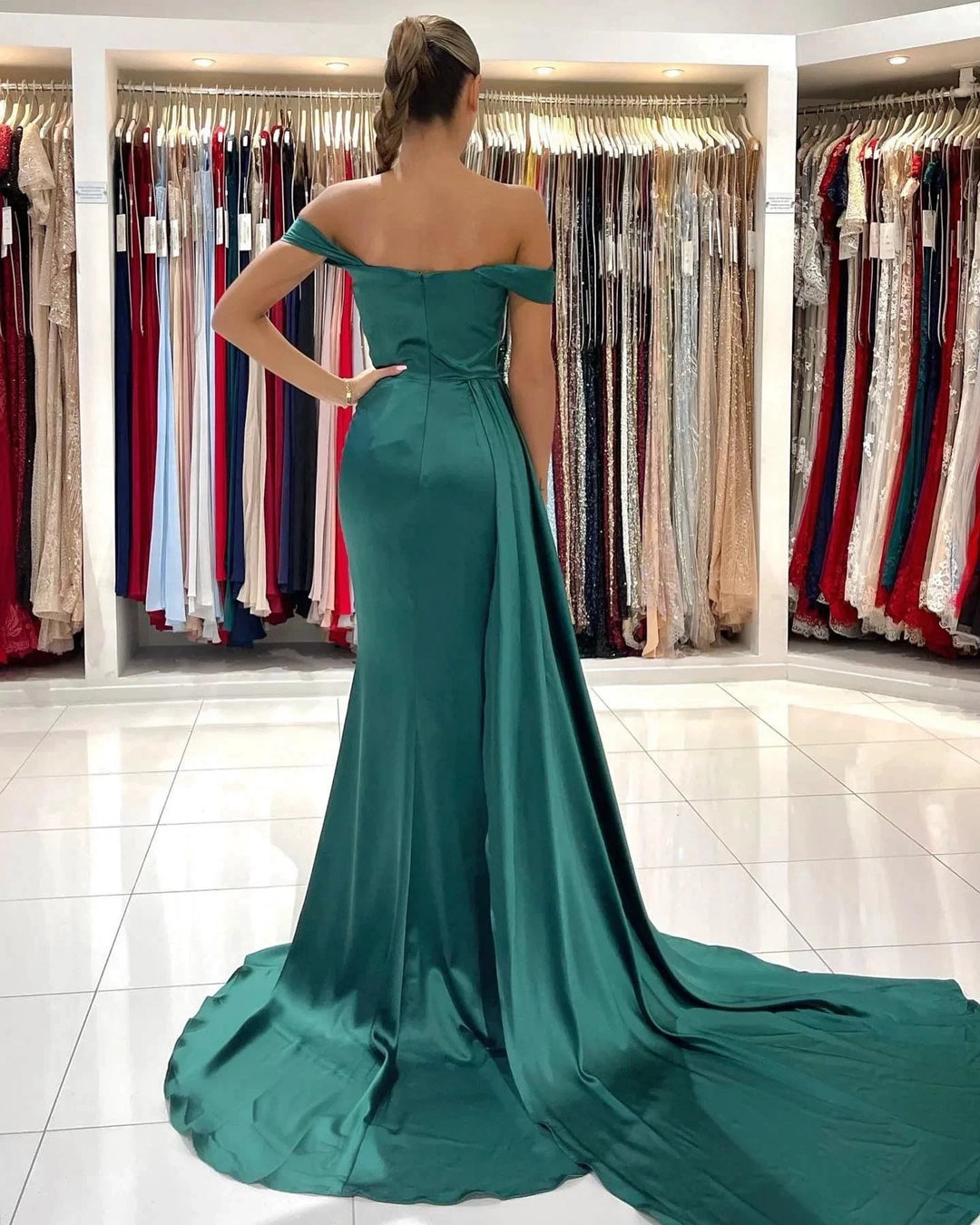 Long Mermaid Off-the-shoulder Backless Front Slit Prom Dress With Side Train by BIZTUNNEL