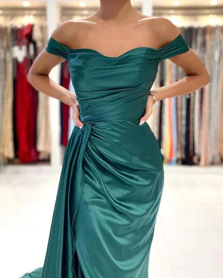 Long Mermaid Off-the-shoulder Backless Front Slit Prom Dress With Side Train by BIZTUNNEL