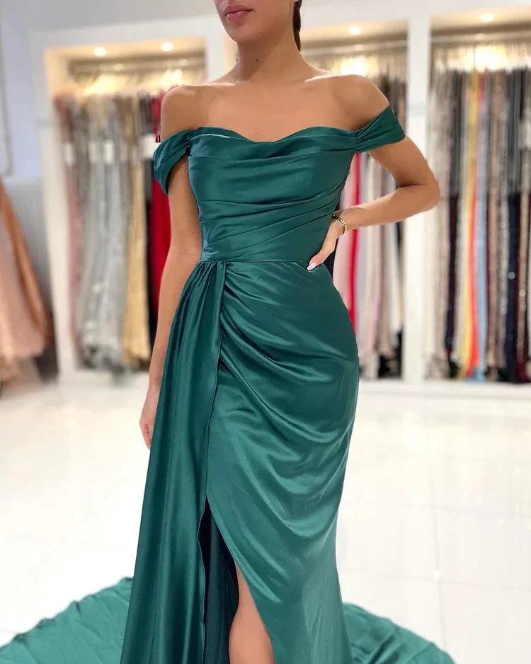 Long Mermaid Off-the-shoulder Backless Front Slit Prom Dress With Side Train by BIZTUNNEL