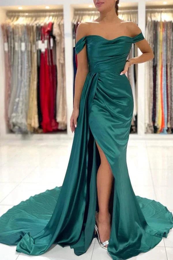 Long Mermaid Off-the-shoulder Backless Front Slit Prom Dress With Side Train by BIZTUNNEL
