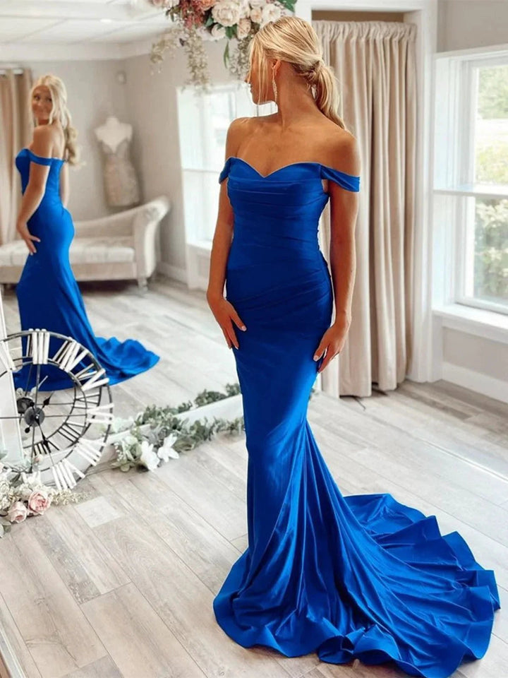 Long Mermaid off the shoulder Satin Prom Dress Royal Blue Formal Evening Dresses by BIZTUNNEL