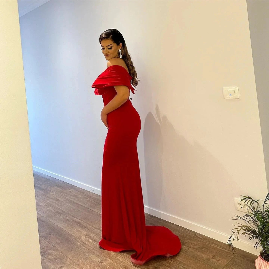 Long Mermaid Off the Shoulder Satin Red Formal Prom Dresses with Slit by BIZTUNNEL