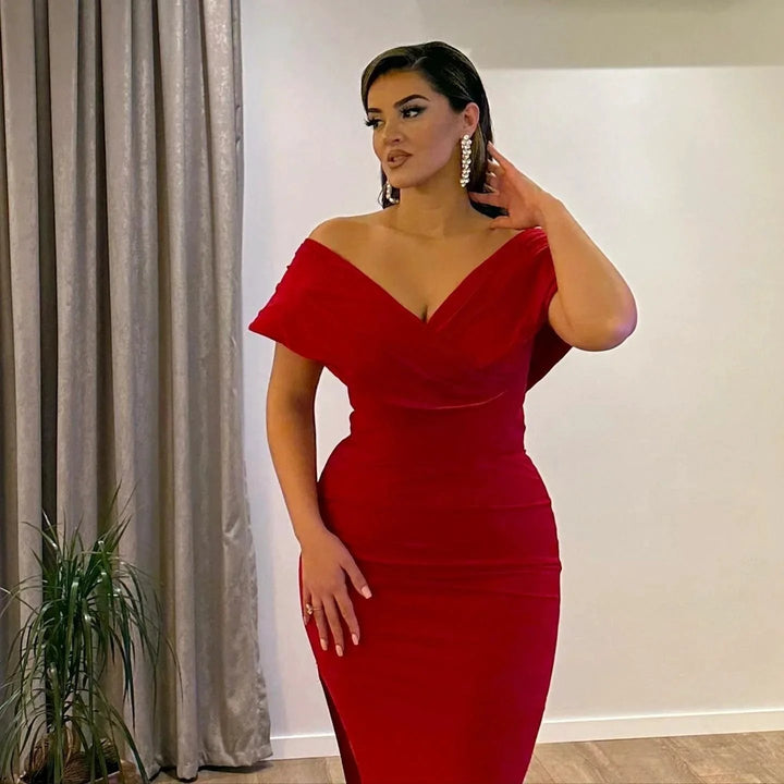 Long Mermaid Off the Shoulder Satin Red Formal Prom Dresses with Slit by BIZTUNNEL