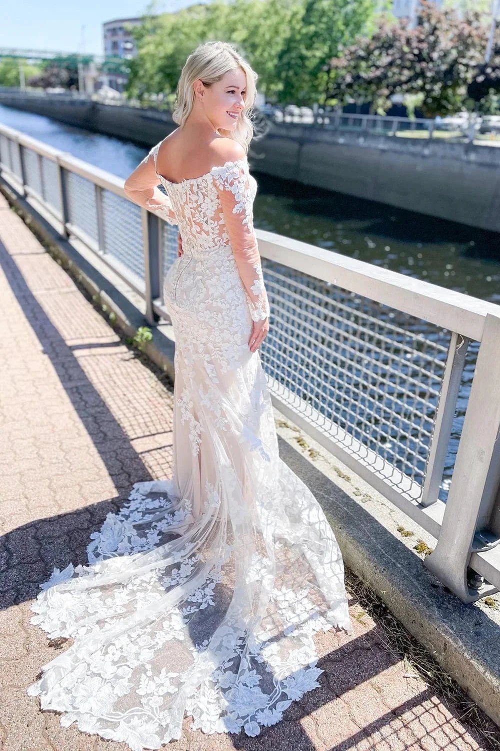 Long Mermaid Off-the-Shoulder Sweetheart Appliques Lace Wedding Dress with Sleeves by BIZTUNNEL