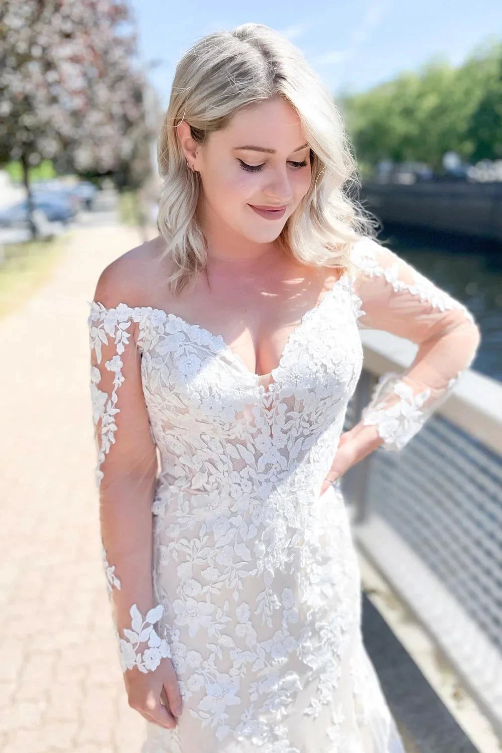 Long Mermaid Off-the-Shoulder Sweetheart Appliques Lace Wedding Dress with Sleeves by BIZTUNNEL