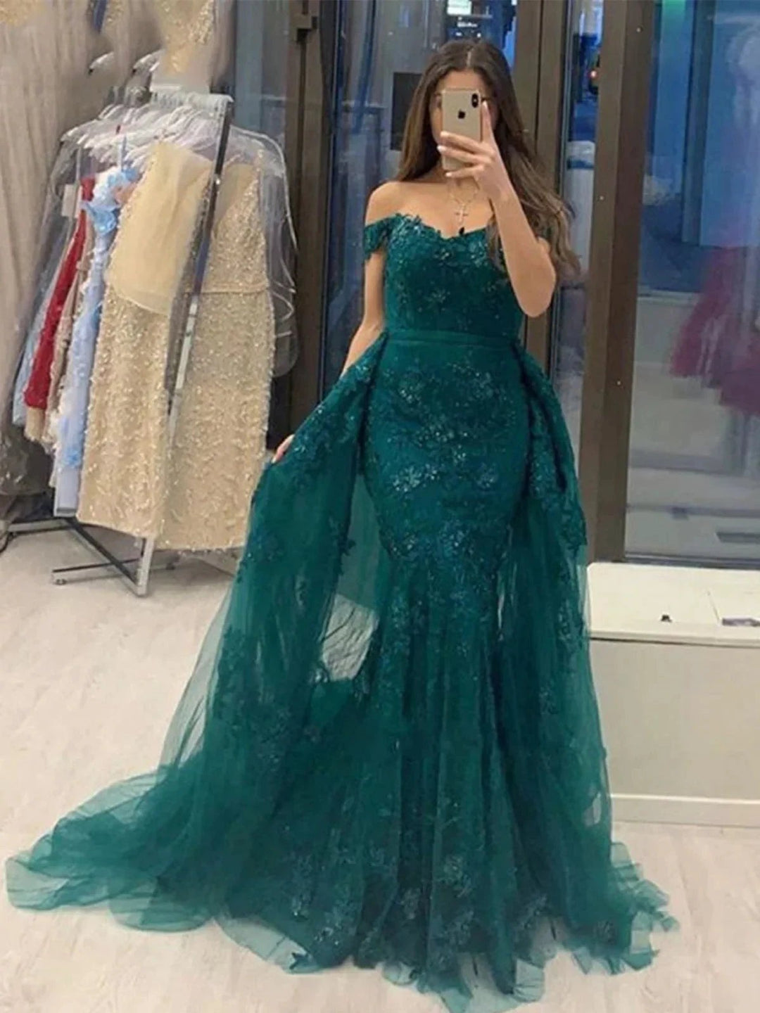 Long Mermaid Off the Shoulder Tulle Lace Formal Graduation Prom Dresses by BIZTUNNEL
