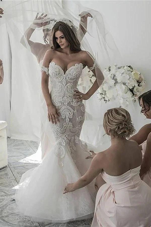 Robes de mariée longues sirène en dentelle de tulle à épaules dénudées