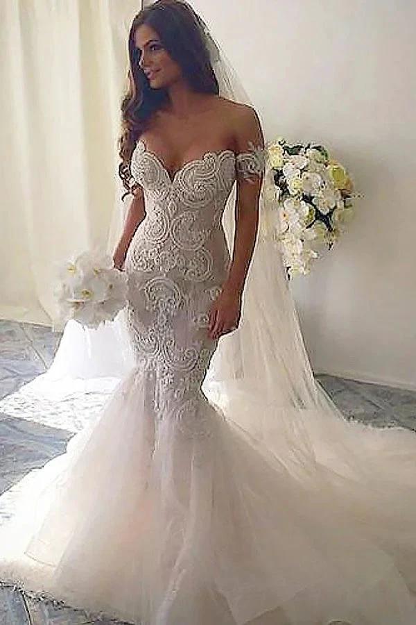Robes de mariée longues sirène en dentelle de tulle à épaules dénudées