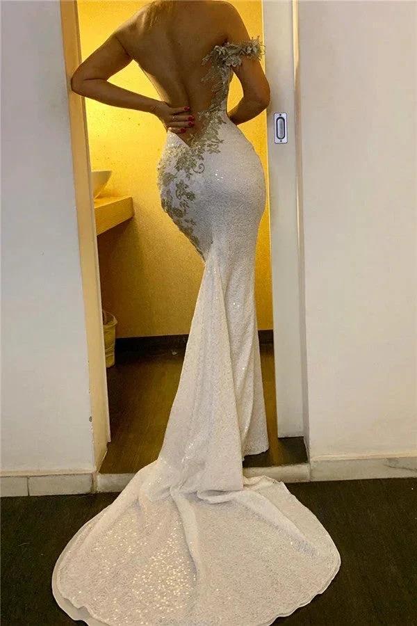 Long Mermaid One Shoulder Appliques Sequined Backless Formal Evening Dresses by BIZTUNNEL