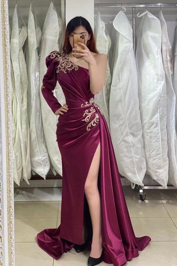 Long Mermaid One Shoulder Front Slit Prom Dress with Sleeves by BIZTUNNEL