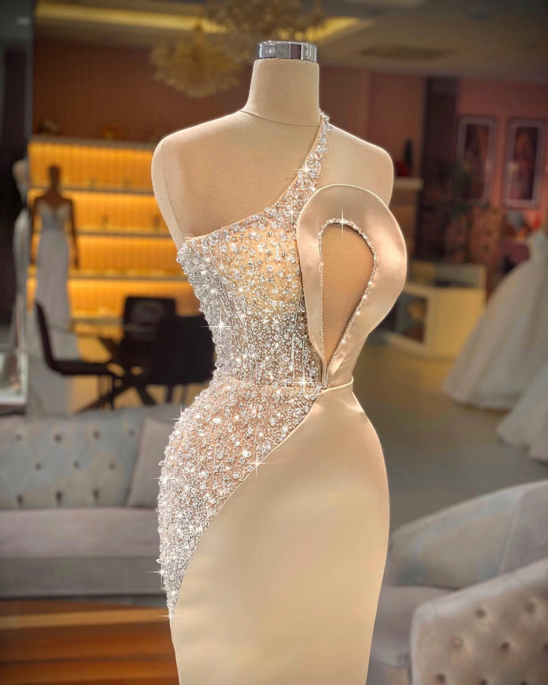 Long Mermaid One Shoulder Keyhole Crystal Prom Dress With Side Train by BIZTUNNEL