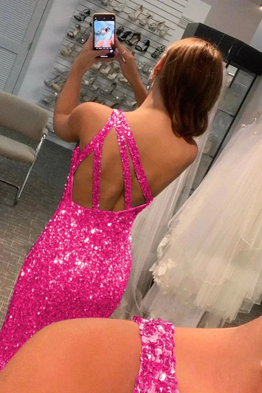 Long Mermaid One Shoulder Sequined Formal Prom Dress with Slit Fuchsia Evening Gowns by BIZTUNNEL