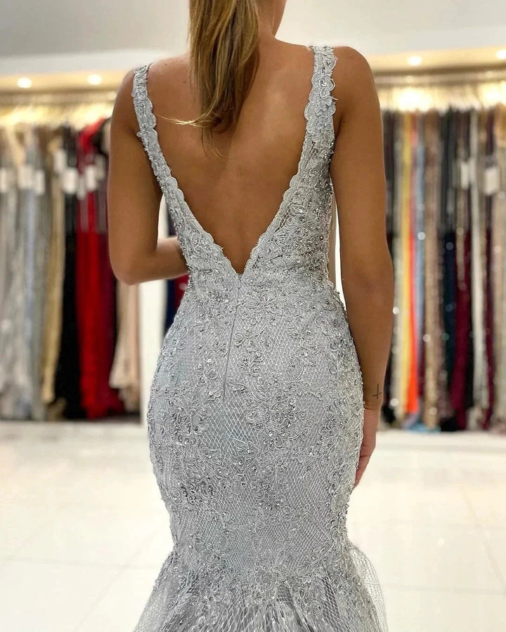 Long Mermaid Open Back V-neck Tulle Lace Prom Dress by BIZTUNNEL