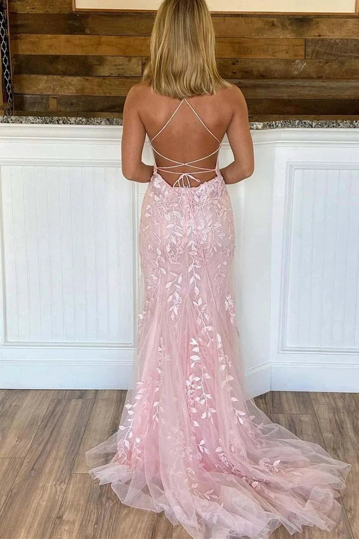 Long Mermaid Scoop Neck Lace Open Back Prom Dress Pink Formal Evening Dresses by BIZTUNNEL