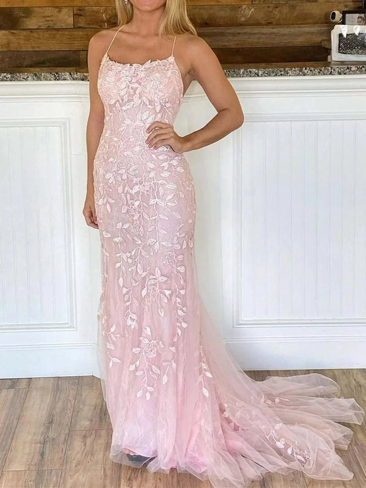 Long Mermaid Scoop Neck Lace Open Back Prom Dress Pink Formal Evening Dresses by BIZTUNNEL