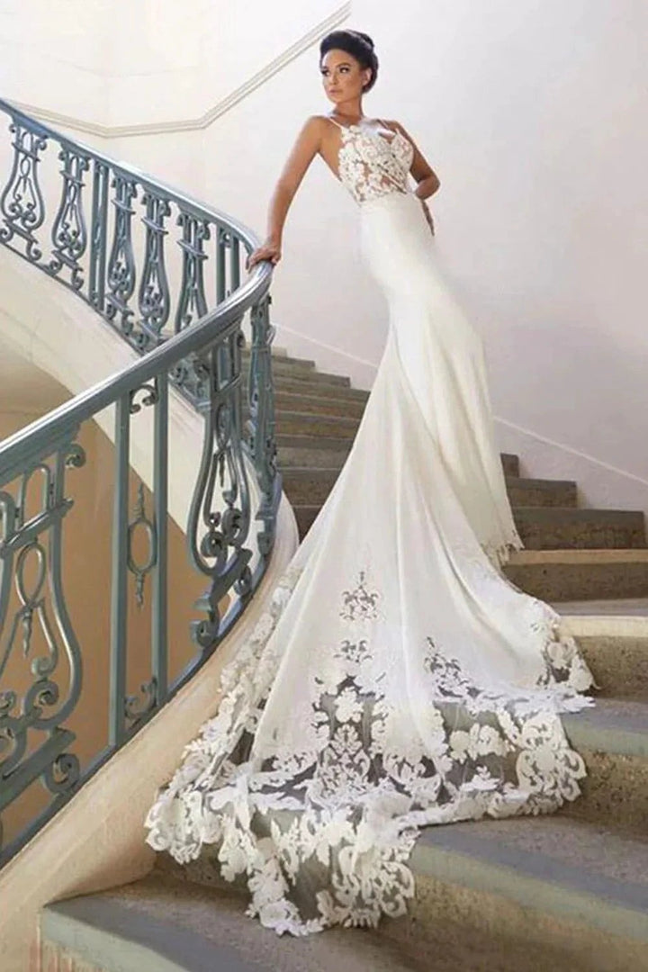 Long Mermaid Spaghetti Strap Lace Backless Wedding Dress by BIZTUNNEL