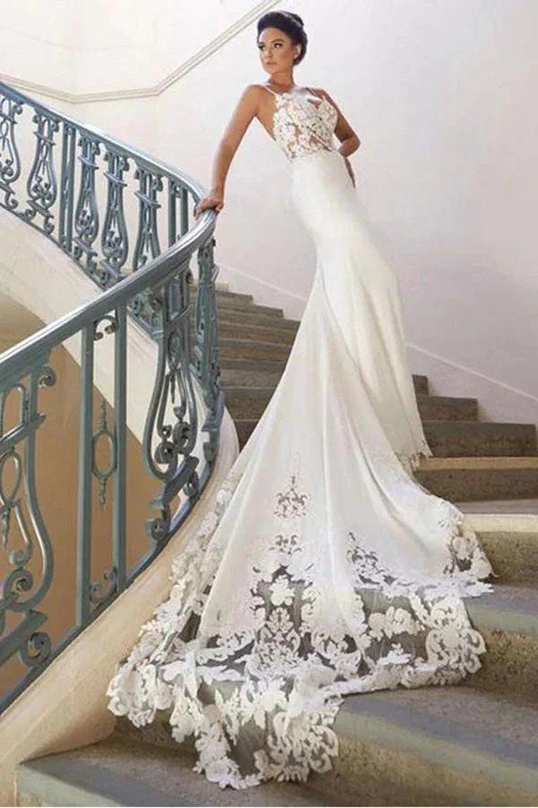 Long Mermaid Spaghetti Strap Lace Backless Wedding Dress by BIZTUNNEL