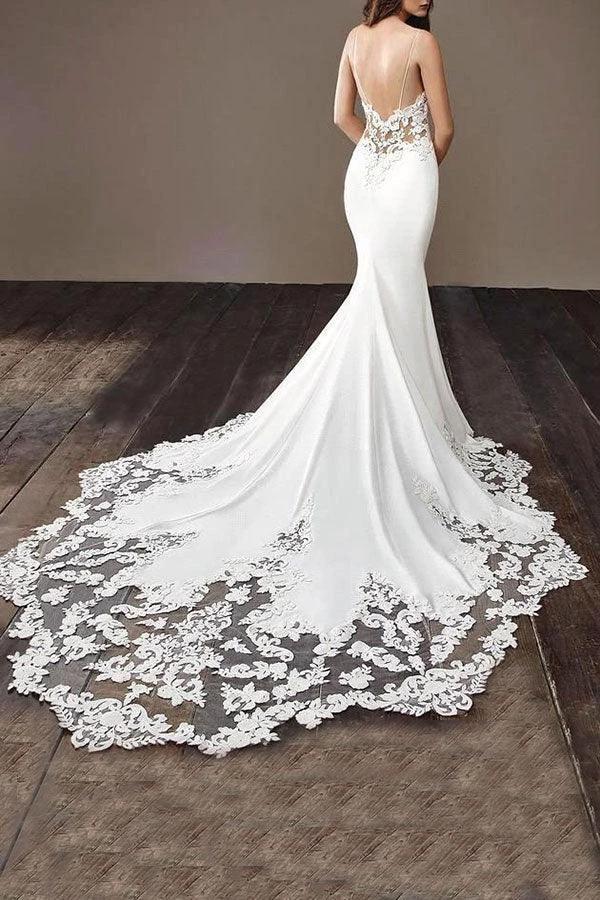 Long Mermaid Spaghetti Strap Lace Backless Wedding Dress by BIZTUNNEL