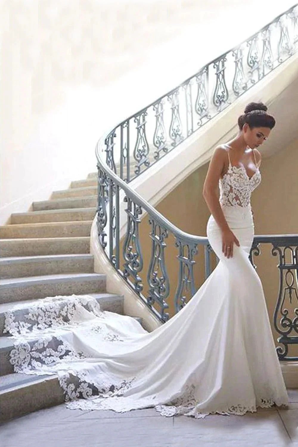Long Mermaid Spaghetti Strap Lace Backless Wedding Dress by BIZTUNNEL