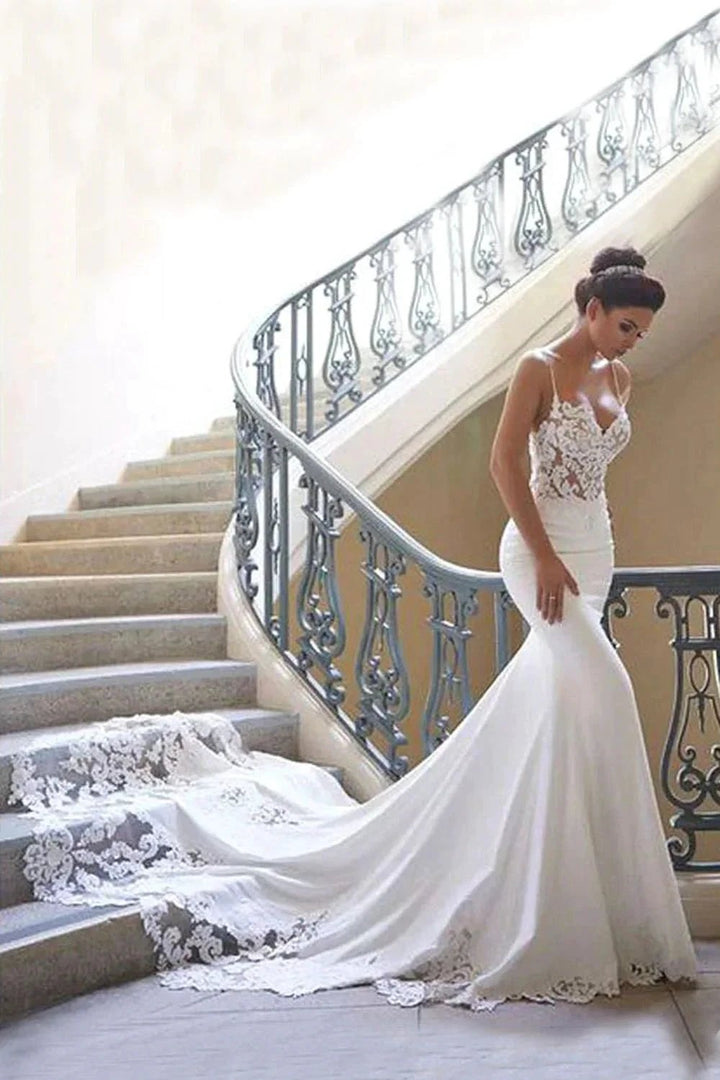 Long Mermaid Spaghetti Strap Lace Backless Wedding Dress by BIZTUNNEL