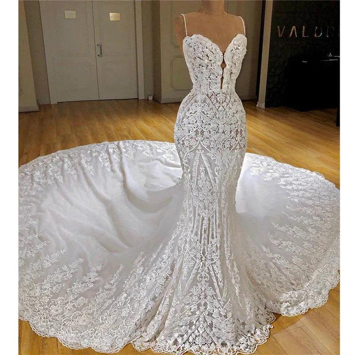 Long Mermaid Spaghetti Straps Appliques Lace Wedding Dress With Cathedral Train by BIZTUNNEL