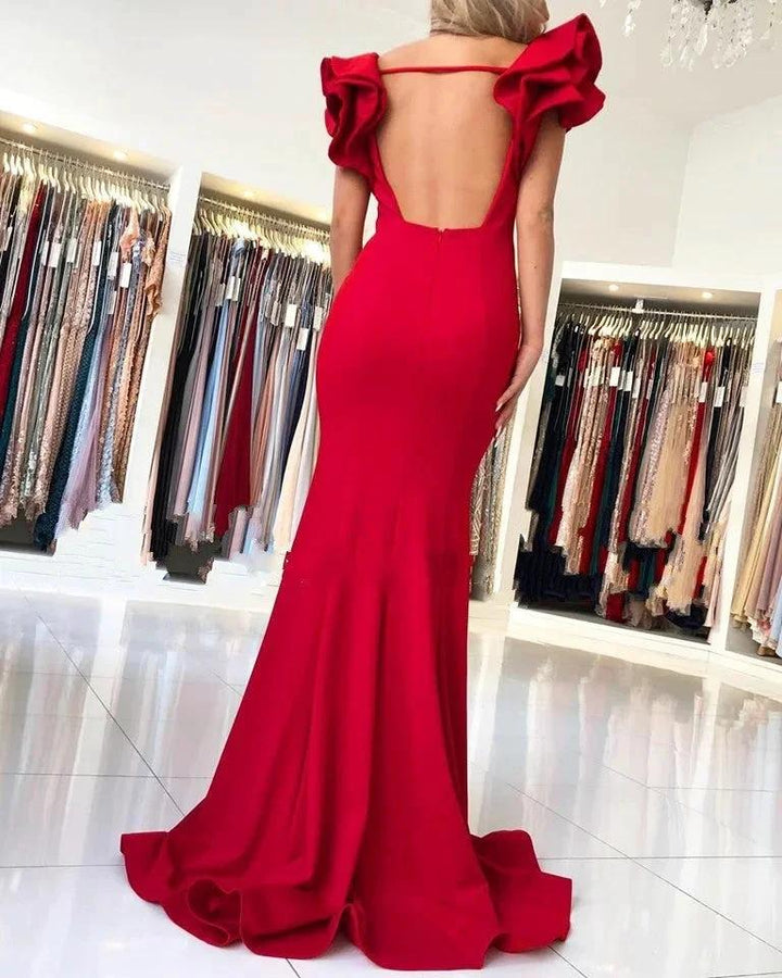 Long Mermaid Square Neckline Satin Open Back Red Prom Dresses by BIZTUNNEL