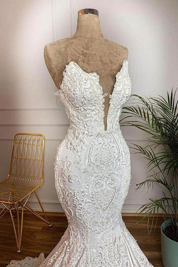 Long Mermaid Strapless Appliques Lace Satin Wedding Dress by BIZTUNNEL