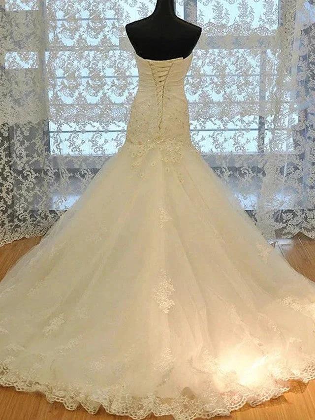 Long Mermaid Strapless Court Train Lace Organza Wedding Dresses by BIZTUNNEL