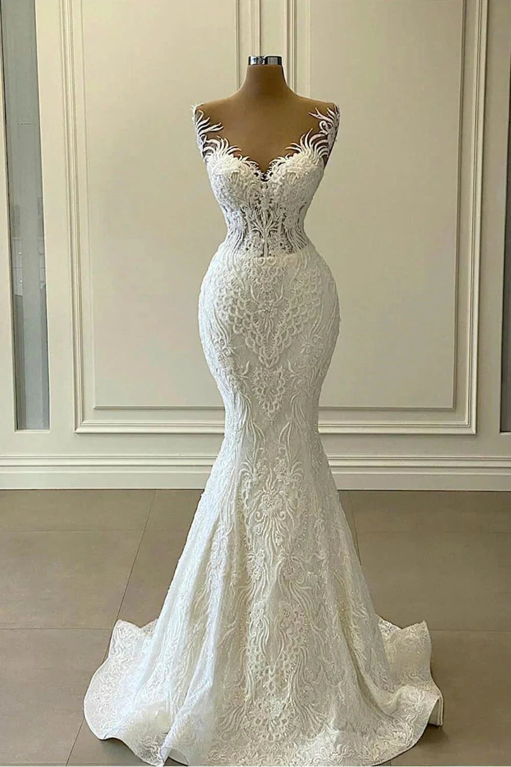 Long Mermaid Sweetheart Appliques Lace Wedding Dress With Detachable Train by BIZTUNNEL