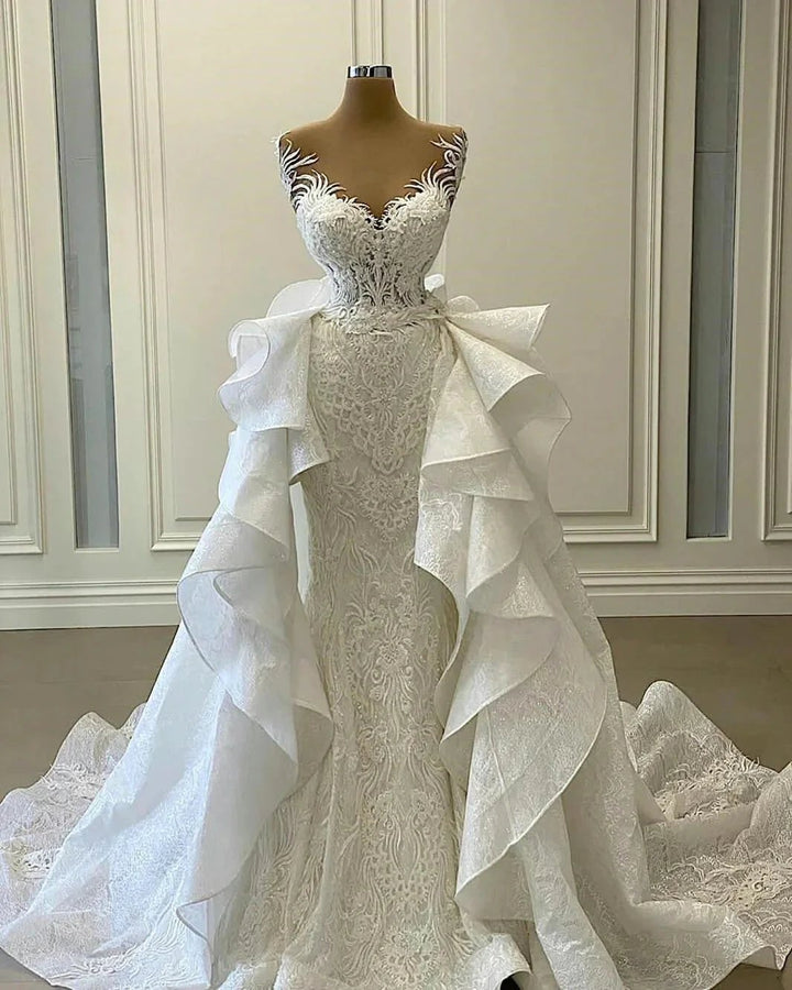 Long Mermaid Sweetheart Appliques Lace Wedding Dress With Detachable Train by BIZTUNNEL