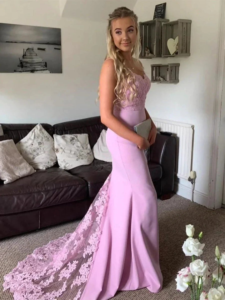 Long Mermaid Sweetheart Satin Lace Graduation Formal Prom Dresses by BIZTUNNEL