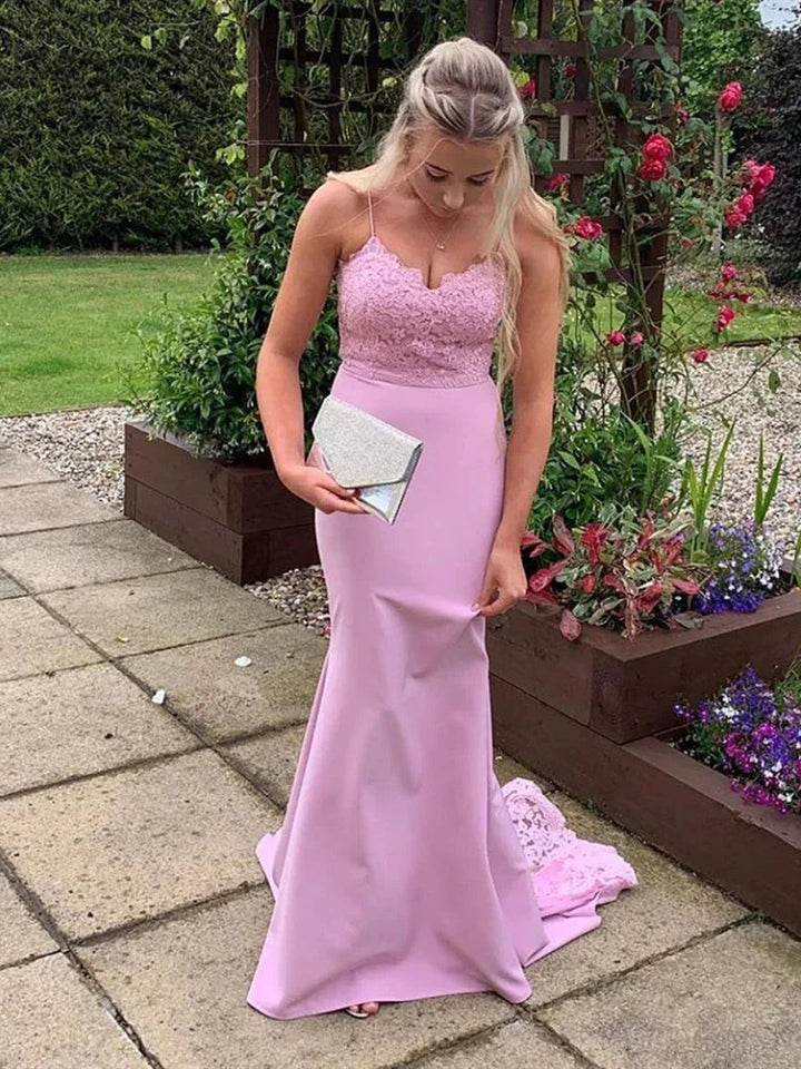 Long Mermaid Sweetheart Satin Lace Graduation Formal Prom Dresses by BIZTUNNEL