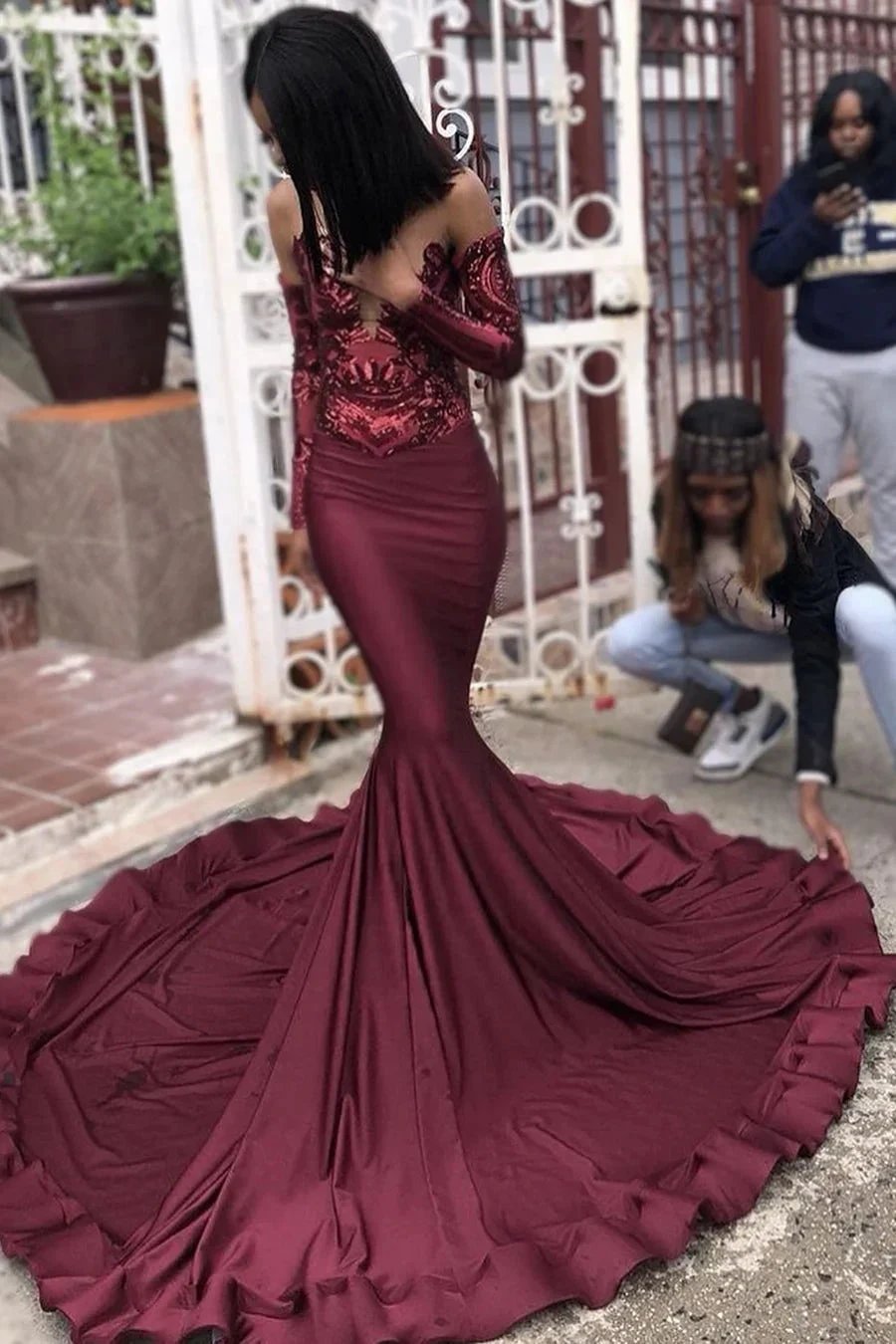 Long Mermaid Sweetheart Satin Prom Dress with Sleeves by BIZTUNNEL