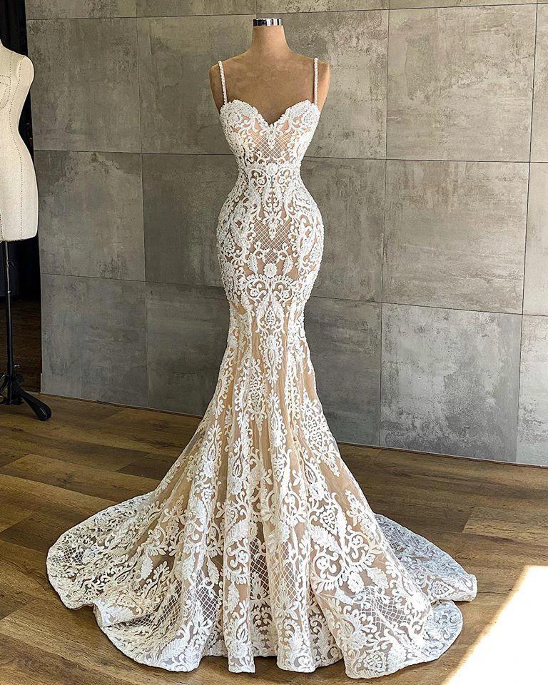 Long Mermaid Sweetheart Spaghetti Straps Appliques Lace Wedding Dress by BIZTUNNEL