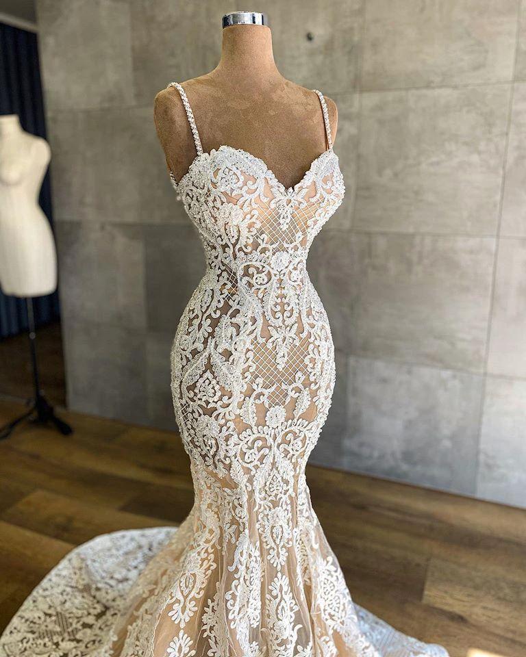 Long Mermaid Sweetheart Spaghetti Straps Appliques Lace Wedding Dress by BIZTUNNEL
