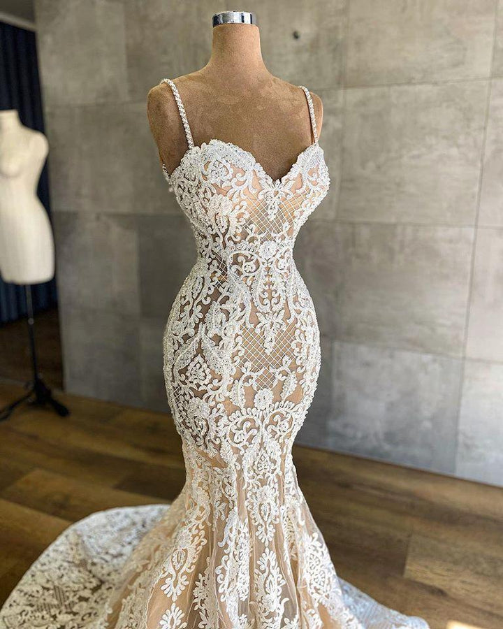 Long Mermaid Sweetheart Spaghetti Straps Appliques Lace Wedding Dress by BIZTUNNEL