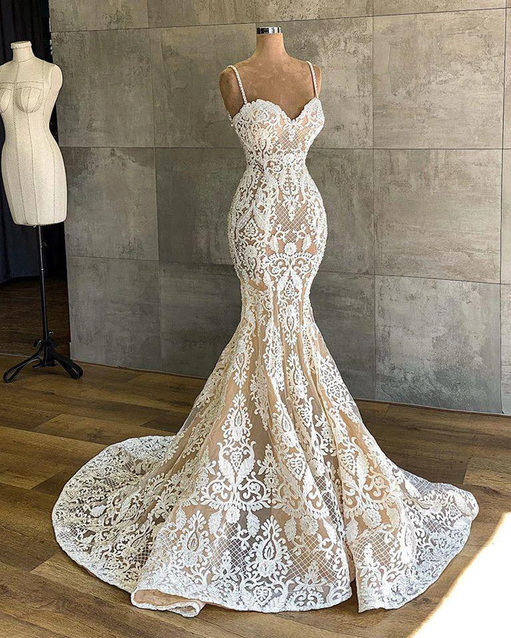 Long Mermaid Sweetheart Spaghetti Straps Appliques Lace Wedding Dress by BIZTUNNEL