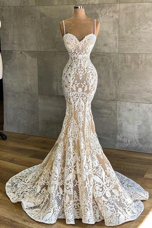 Long Mermaid Sweetheart Spaghetti Straps Appliques Lace Wedding Dress by BIZTUNNEL