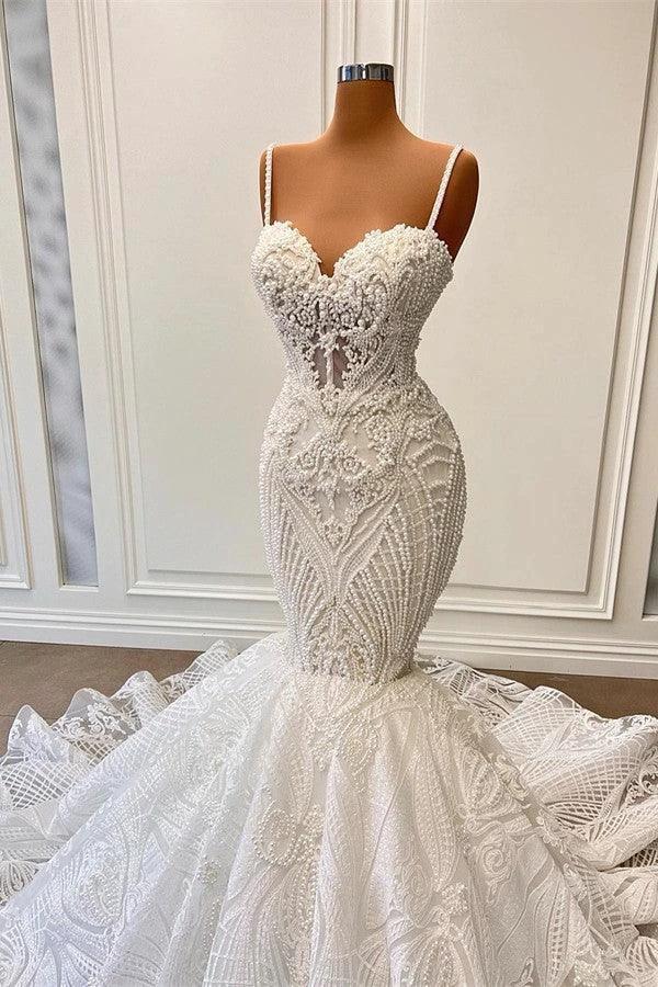 Long Mermaid Sweetheart Spaghetti Straps Tulle Beading Wedding Dress with Ruffles by BIZTUNNEL