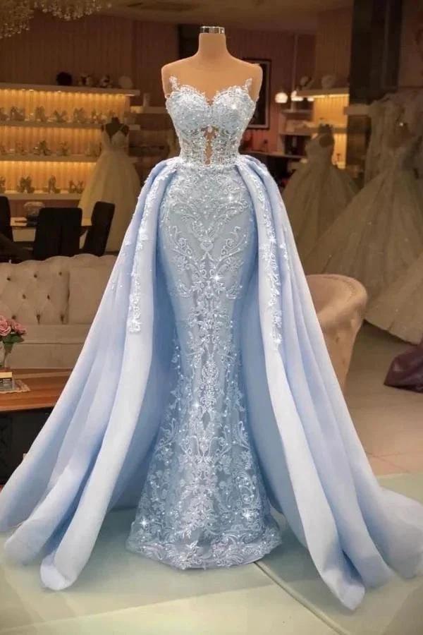 Long Mermaid Sweetheart Tulle Glitter Prom Dress with Detachable Sweep Train by BIZTUNNEL