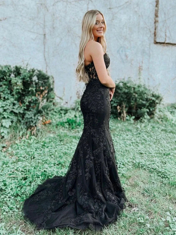 Long Mermaid Sweetheart Tulle Lace Prom Dress Black Formal Evening Gowns by BIZTUNNEL