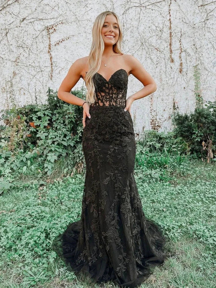 Long Mermaid Sweetheart Tulle Lace Prom Dress Black Formal Evening Gowns by BIZTUNNEL
