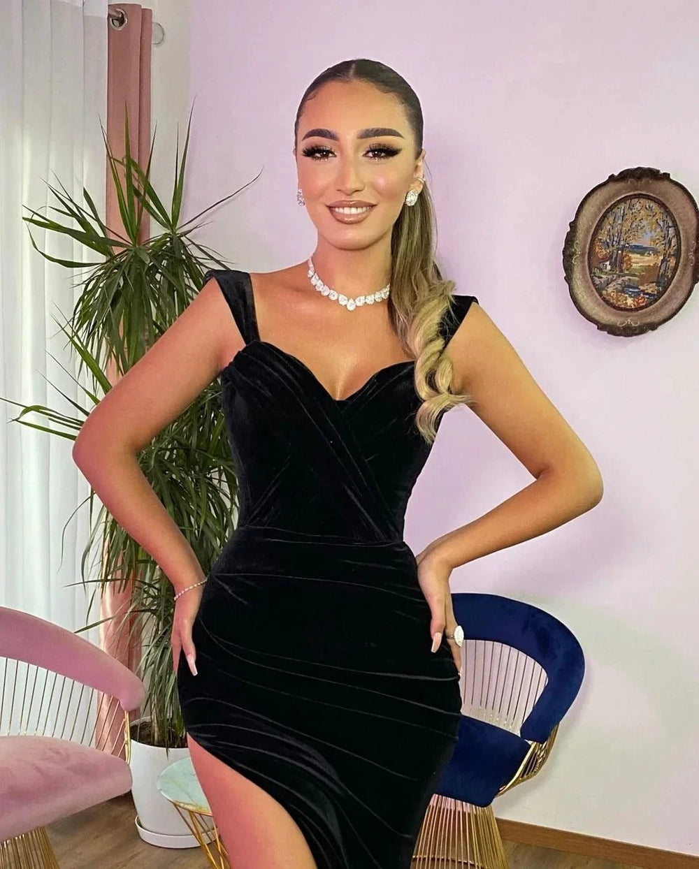Long Mermaid Sweetheart Velvet Black Formal Prom Dresses with Slit by BIZTUNNEL