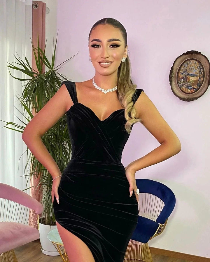 Long Mermaid Sweetheart Velvet Black Formal Prom Dresses with Slit by BIZTUNNEL