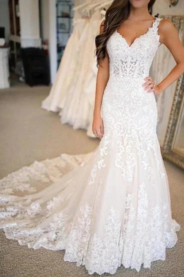 Long Mermaid Sweetheart Wedding Dresses With Appliques Lace by BIZTUNNEL