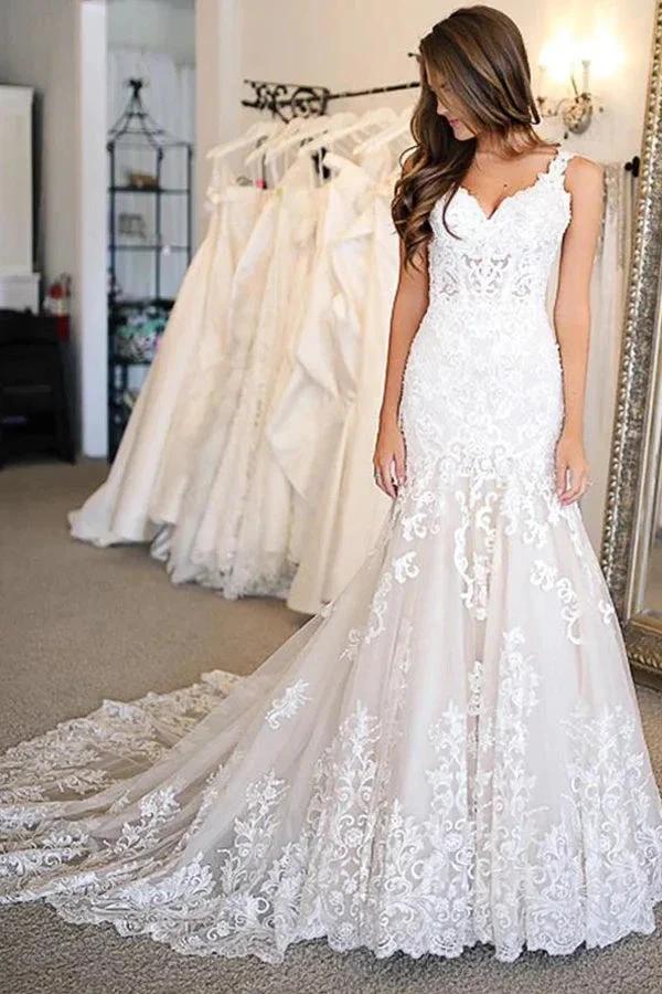 Long Mermaid Sweetheart Wedding Dresses With Appliques Lace by BIZTUNNEL