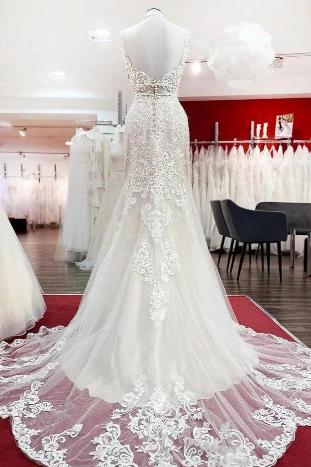 Long Mermaid Tulle Sleeveless Lace Backless Wedding Dress by BIZTUNNEL