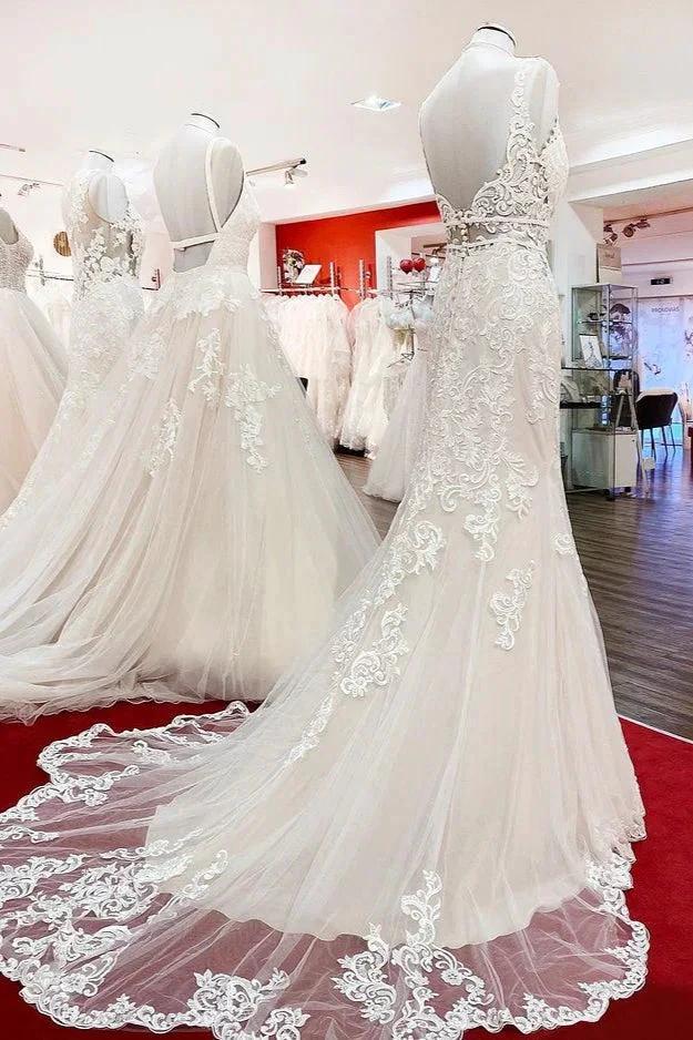 Long Mermaid Tulle Sleeveless Lace Backless Wedding Dress by BIZTUNNEL