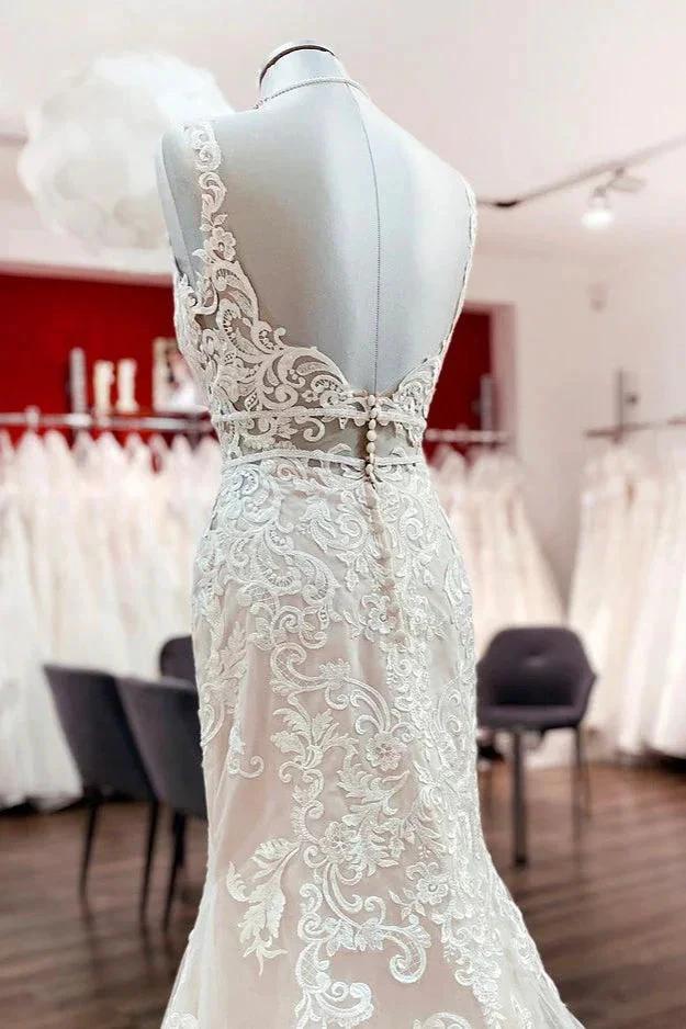 Long Mermaid Tulle Sleeveless Lace Backless Wedding Dress by BIZTUNNEL